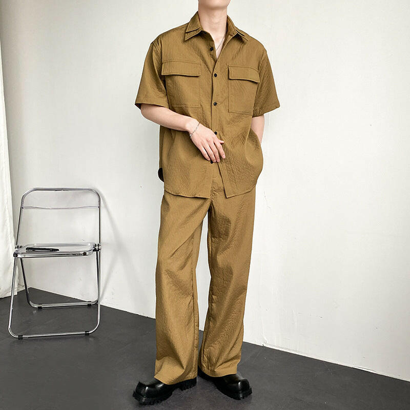 Two-Piece Pleated Suit with Short-Sleeved Shirt Set