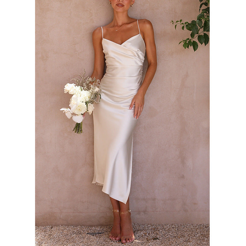 Sleeveless V-neck Pullover Dress Solid Color