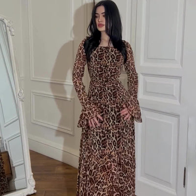 Leopard Print Ruffle Sleeve Stitching Irregular Dress