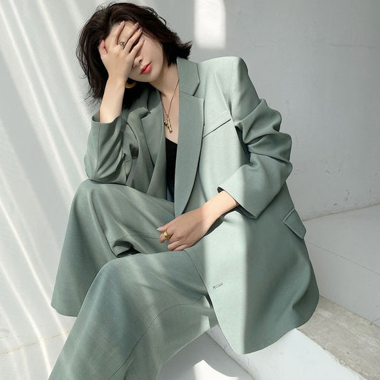 Sage Green Oversized Blazer & Wide-Leg Pants Set