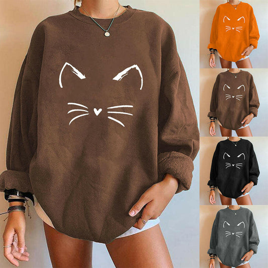 New Falling Shoulder Sweater Cat Women's Long Sleeve Top