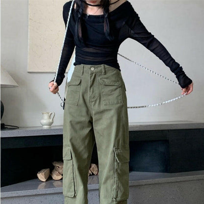 Retro Three-dimensional Pocket Army Green Straight Cargo Pants