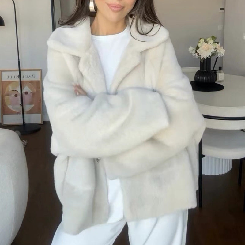 Women’s Furry Lapel Fleece Coat – Winter Jacket