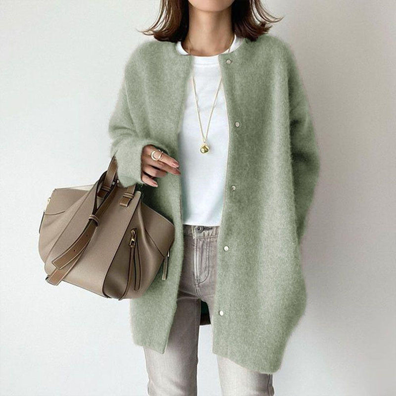 Women's Solid Color Wool-like Coat, Oversized Long Sleeve Button Up Trench
