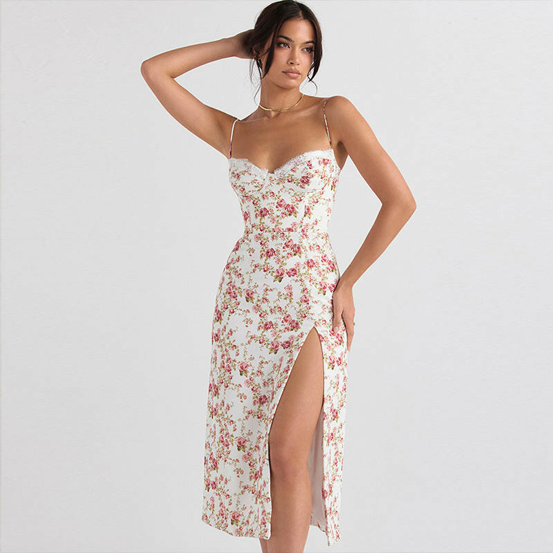 Lace Floral Print Maxi Suspender Dress: Summer Fashion for Women