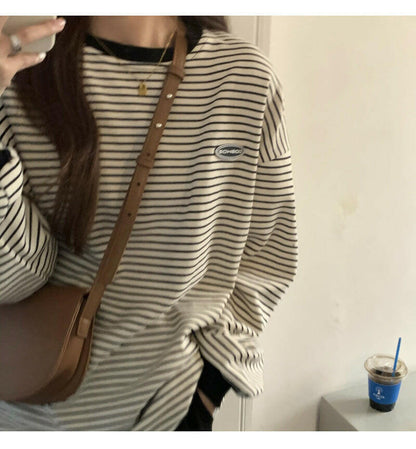 Thin Striped Long-sleeved Sweater Loose Round Neck Pullover