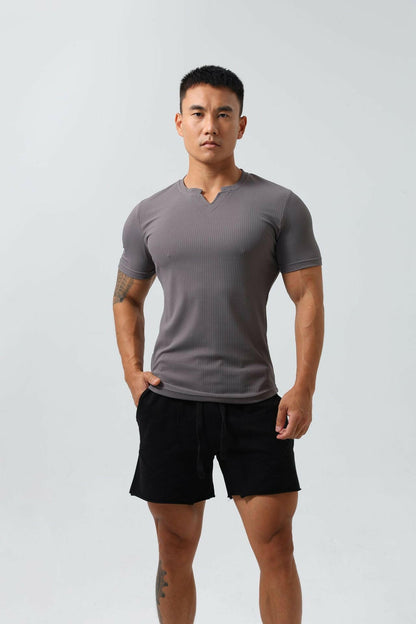 Men's V-collar Short Sleeve Solid Color