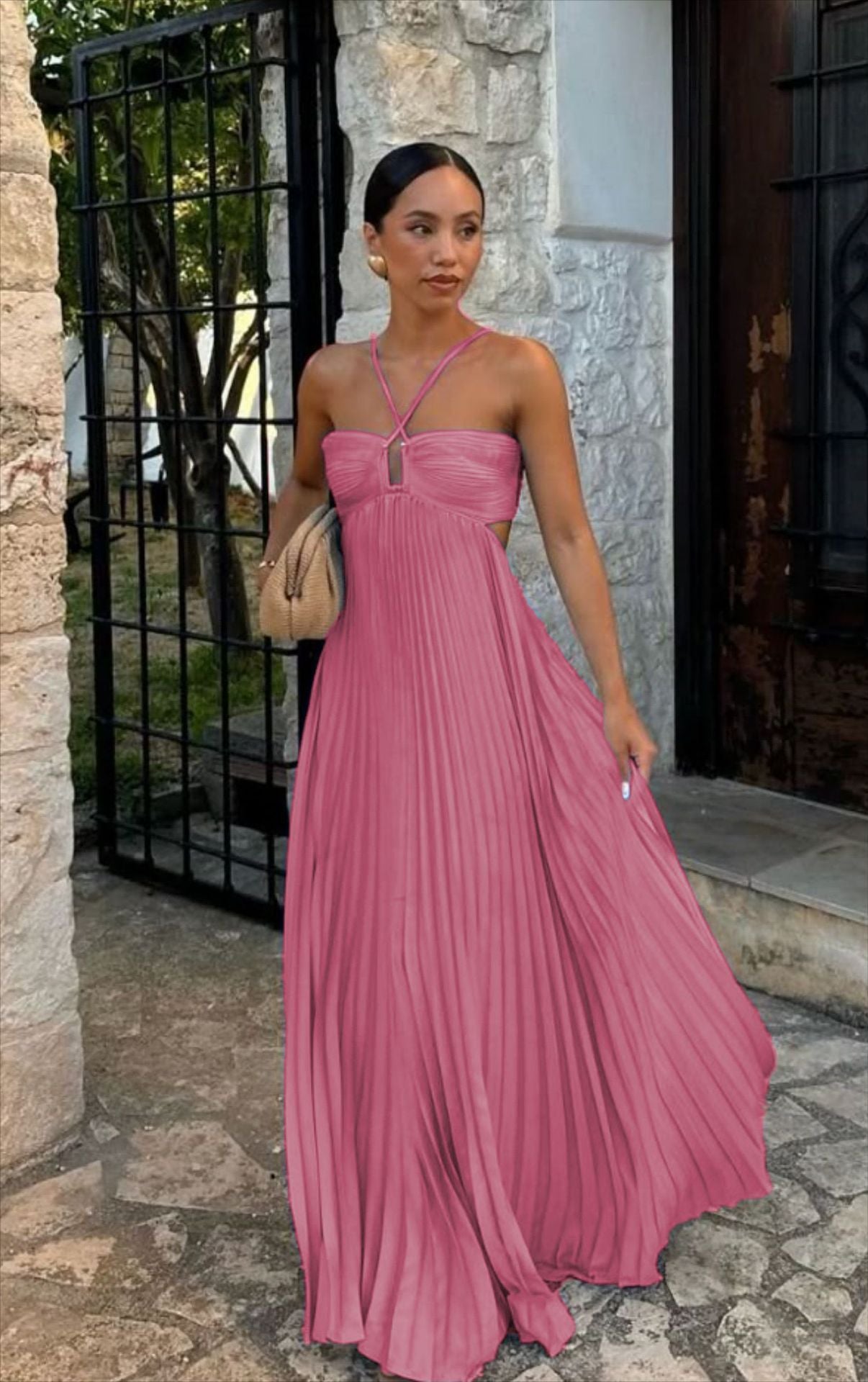 Pleated Halter Sling Dress for Women – High Waist Evening & Party Wear
