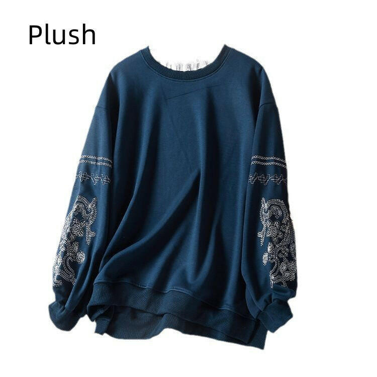 Lace Stitching Embroidered Crew Neck Sweater For Women