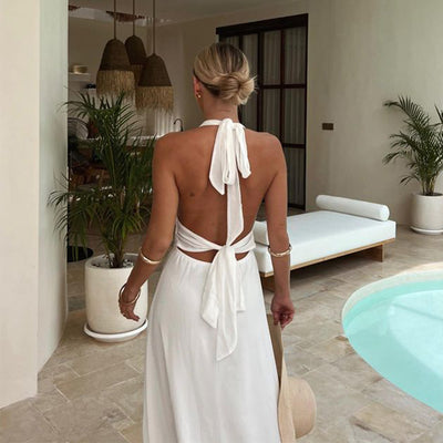 Sexy Halterneck V-neck Slit Dress Summer Backless Strappy Skirt